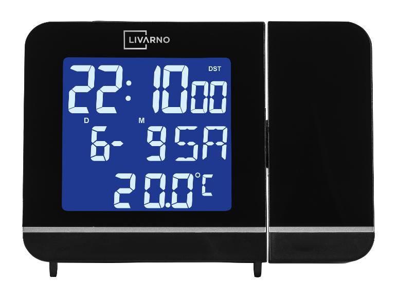 LIVARNO Digitalwecker mit blauem Display, Uhrzeit, Datum und Temperatur, auf weißem Hintergrund.