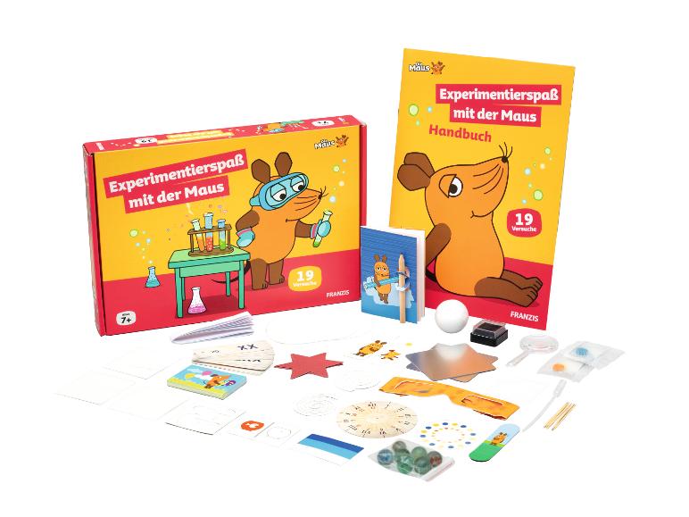 Die Maus Wissenschafts-Experimentierkasten mit Box, Handbuch und verschiedenen Komponenten.