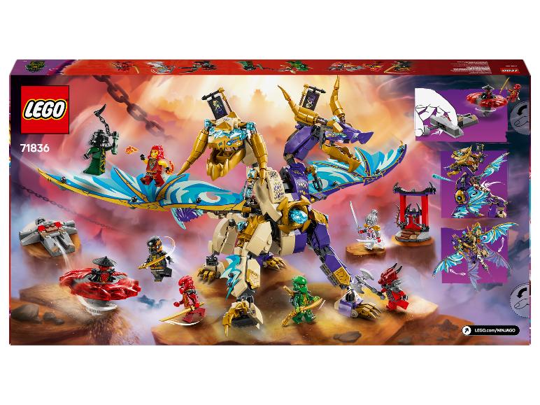 LEGO Ninjago Set 71836 mit einem goldenen und lila Drachen, Minifiguren und Zubehör.