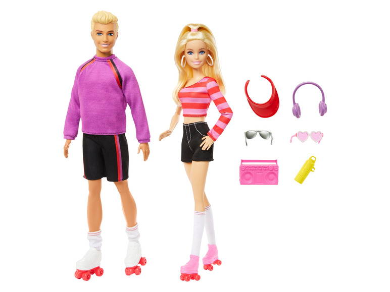 Barbie- und Ken-Puppen mit Rollschuhen, inklusive Zubehör wie Radio, Sonnenbrille und Wasserflasche.
