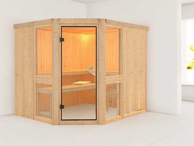 Gehe zu Vollbildansicht: Karibu Indoor-Sauna »Helsinki«, mit Eckeinstieg, 9 kW Ofen - Bild 1