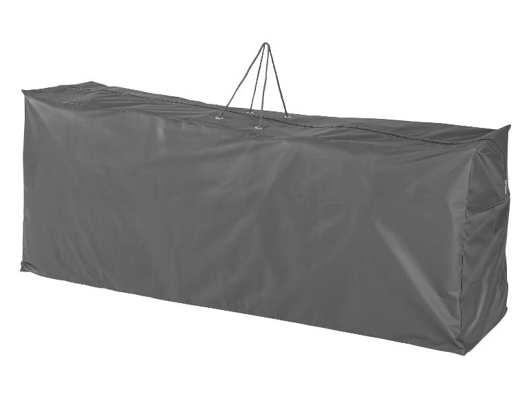 Graue Aufbewahrungstasche mit Reißverschluss und Griffen.