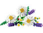 Spielzeugblumen in Weiß und Lila mit grünen Blättern und einem Marienkäfer.