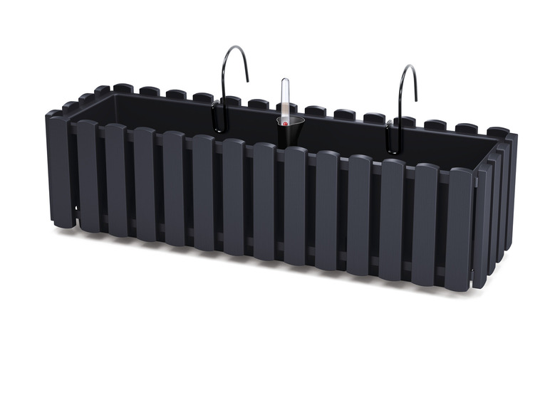 Ein schwarzer Blumentopf mit Zaun-Design