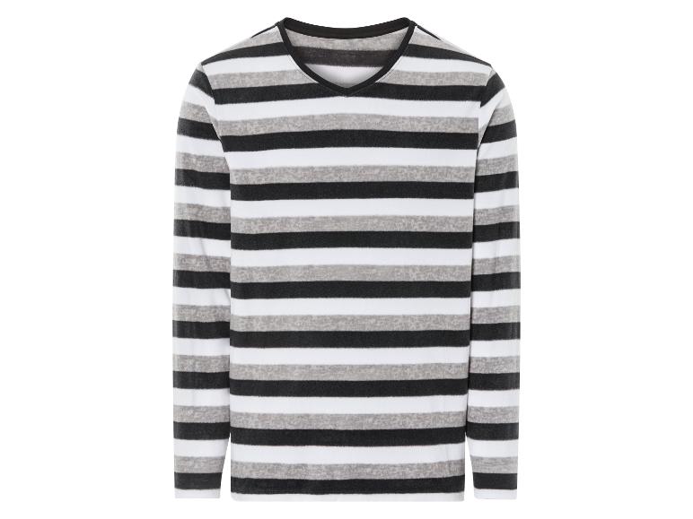 Ein gestreiftes Langarmshirt mit schwarzen und grauen Streifen.