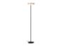 Schwarze Stehlampe mit beigem Lampenschirm und rundem Fuß.