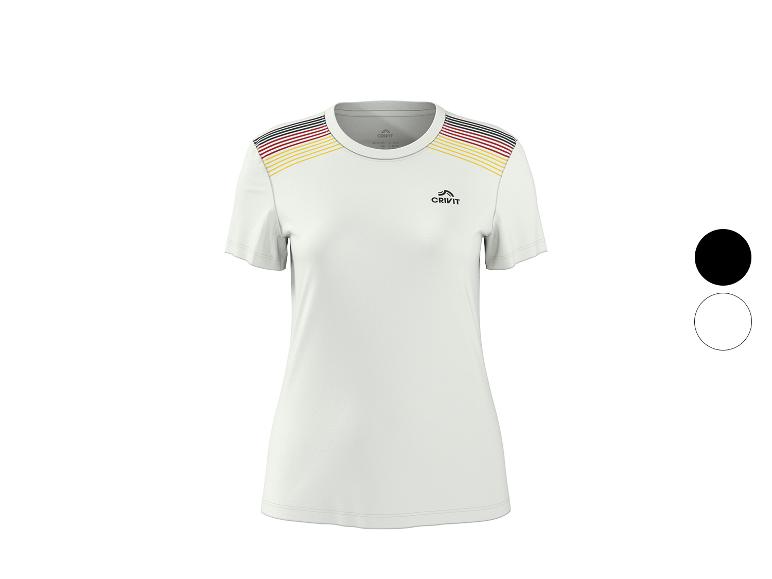 Weißes Damen-Sport-T-Shirt mit schwarzen, roten und gelben Streifen auf den Schultern.