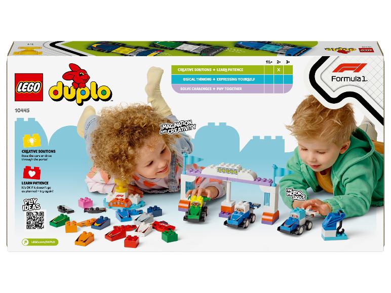 LEGO Duplo Formel 1 Box mit Kindern, die mit Rennautos spielen.