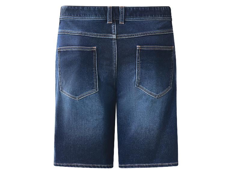 Dunkelblaue Jeans-Shorts mit sichtbaren Gesäßtaschen und Gürtelschlaufen.
