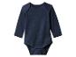 Dunkelblauer Langarm-Babybody mit Druckknöpfen im Schritt.