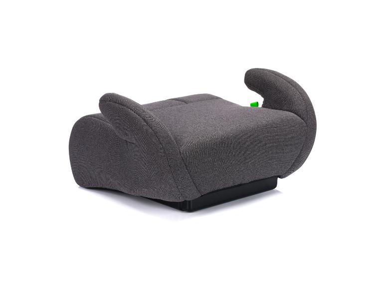 Grauer Kindersitz mit schwarzer Basis und grünem Element, auf weißem Hintergrund