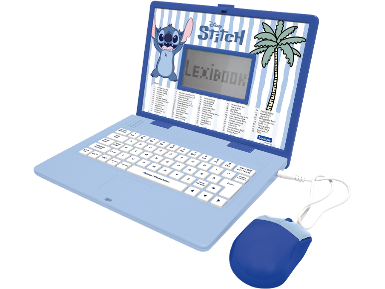Blauer Kinderlaptop mit Zeichentrickfigur-Thema, Maus und „LEXIBOOK“-Bildschirm.