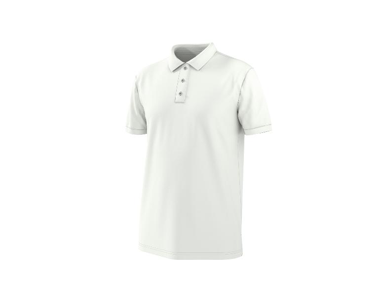 Weißes Kurzarm-Poloshirt mit drei Knöpfen und Kragen.