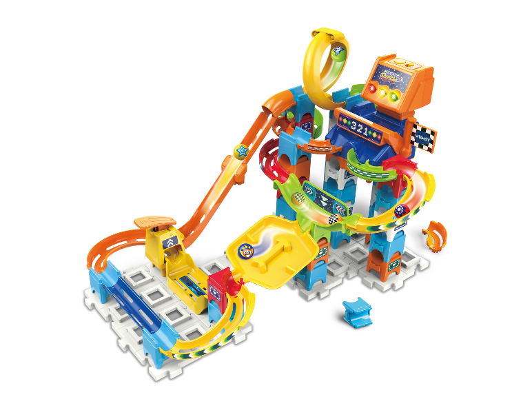 VTech Kugelbahn mit bunten Rampen und Türmen.