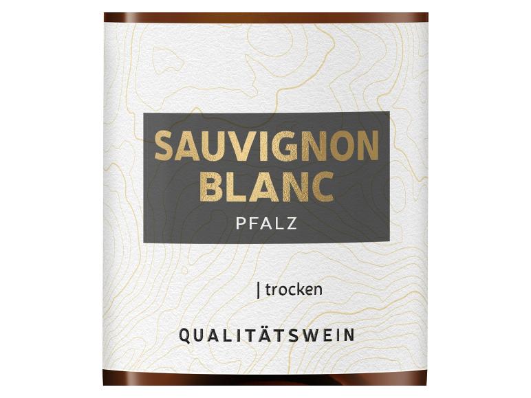 Sauvignon Blanc Pfalz Weißwein-Etikett, trocken, Qualitätswein, mit topografischem Muster.