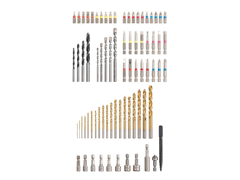 Set aus Bohrern und Schrauberbits, inklusive Holz-, Metall- und Betonbohrern.