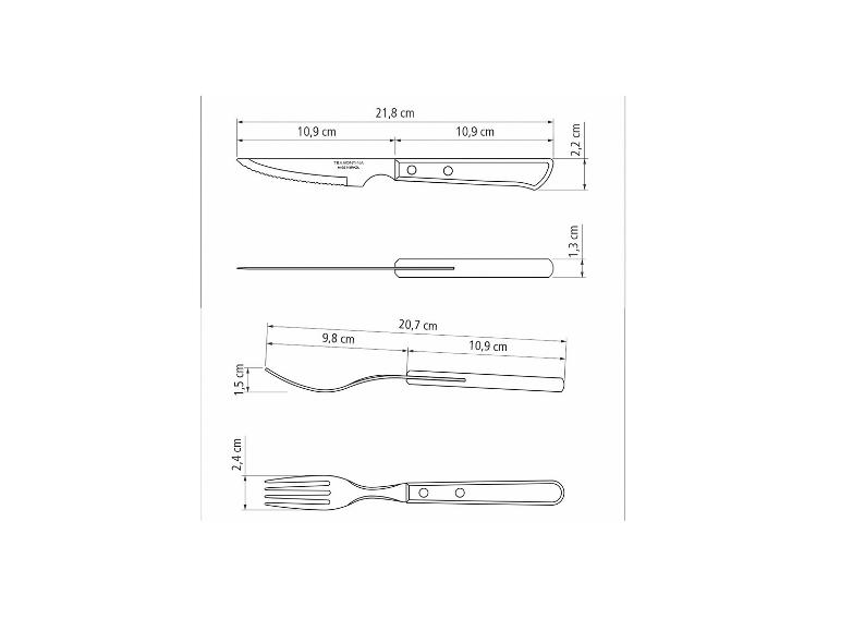 Maße von Messer, Löffel und Gabel, mit Längen- und Breitenangaben.