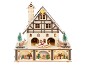 Beleuchtetes Weihnachtshaus aus Holz mit Weihnachtsmann, Rentieren und Tannen