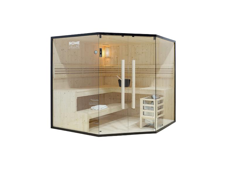 HOME DELUXE Holz-Ecksauna mit Glastür, Bänken und Ofen.