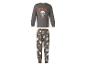 Kinder-Halloween-Pyjama: graues Langarmshirt mit Skelett auf Skateboard und „BOOO YA!“-Schriftzug, dazu passende Hose mit Geistern, Totenköpfen, Spinnennetzen und Knochen.