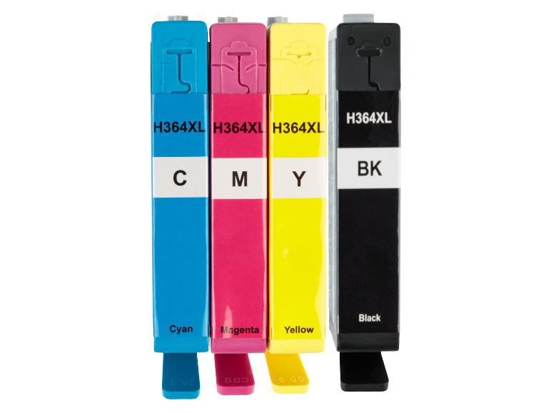 Tintenpatronen für Drucker: Cyan, Magenta, Gelb und Schwarz.