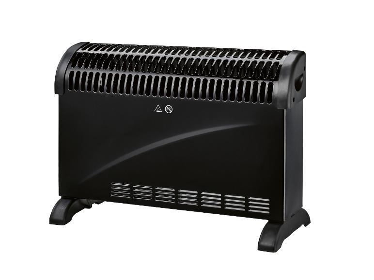 Schwarzer Elektroheizer mit Lüftungsschlitzen und Sicherheitssymbolen.