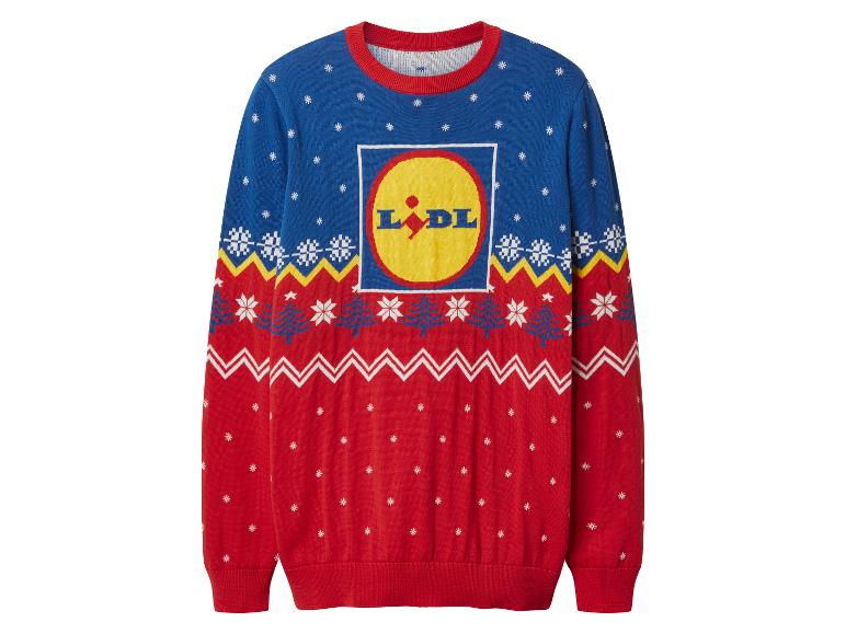 Lidl Weihnachtspullover, blau und rot, mit Logo und Schneeflocken.
