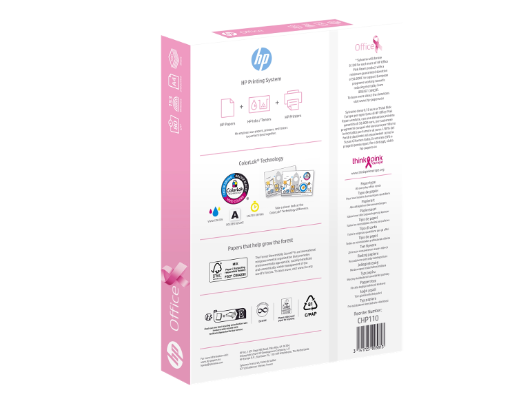 Weiße Büropapierverpackung mit rosa Details, die Spezifikationen und Zertifizierungen zeigt.