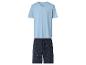 Herren-Pyjama: hellblaues V-Ausschnitt-T-Shirt und dunkelblaue Shorts mit Wellenmuster.