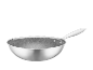 Edelstahl-Wok mit Wabenmuster auf der Innenseite und langem Griff.