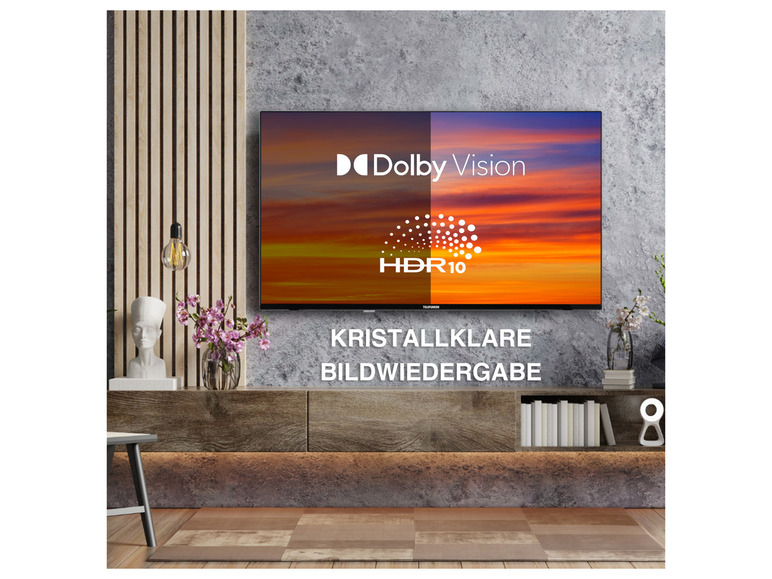 Ein Fernseher mit Dolby Vision und HDR10 in einem modernen Interieur.
