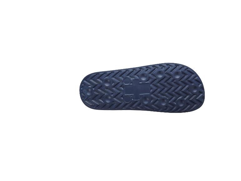 Blaue Badesandalensohle mit rutschfestem Profil.