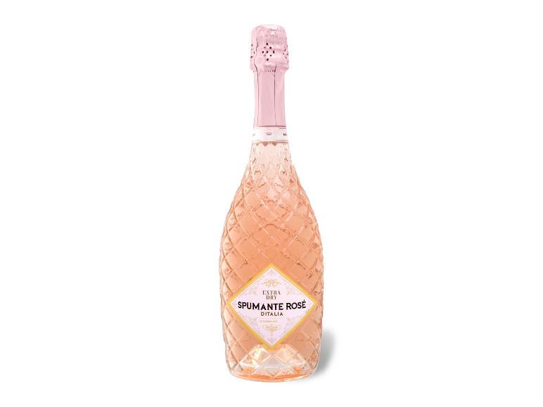 Flasche extra trockener Rosé-Sekt mit weißem und rosa Etikett.