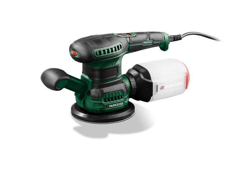 Eine grüne Parkside Schleifmaschine mit Staubabsaugung.