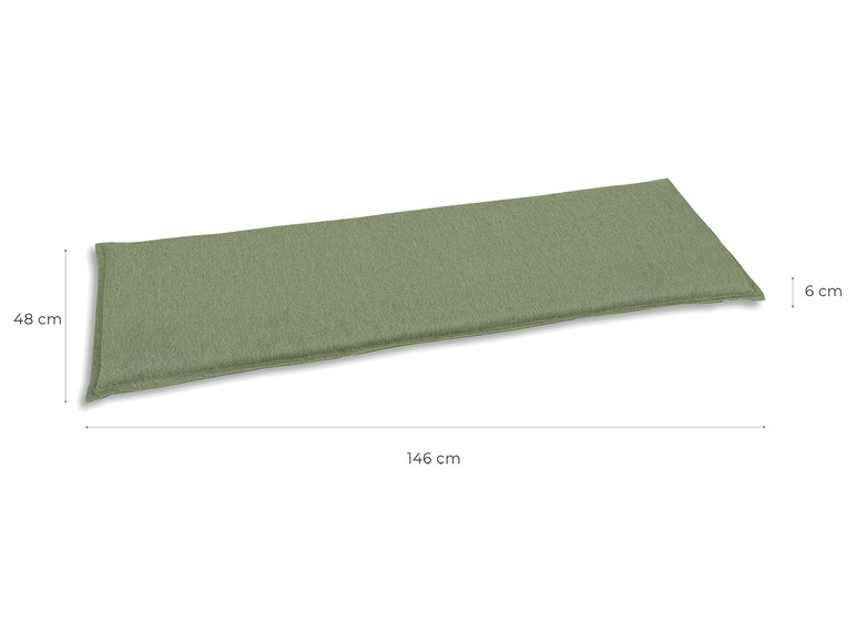 Ein grünes Bankkissen mit den Maßen 146 cm x 48 cm x 6 cm.
