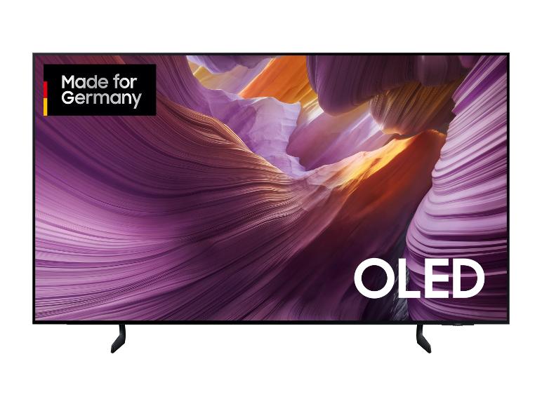 OLED-Fernseher mit „Made for Germany“-Schriftzug und abstraktem Hintergrund