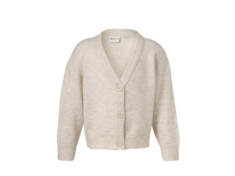 Hellbeiger, langärmeliger Strickcardigan mit Knöpfen und V-Ausschnitt.