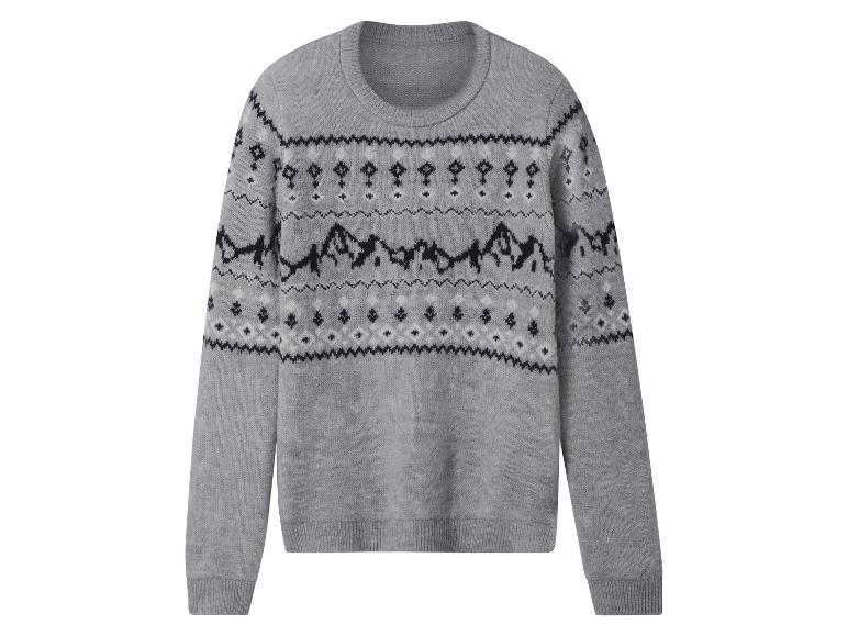 Grauer Fair Isle Pullover mit Berg- und geometrischen Motiven.