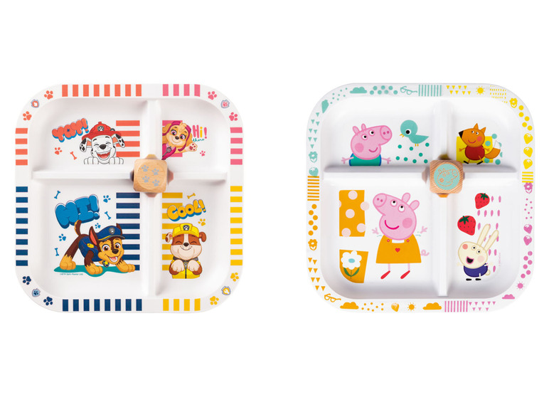 Zwei viergeteilte Teller mit Paw Patrol und Peppa Pig.