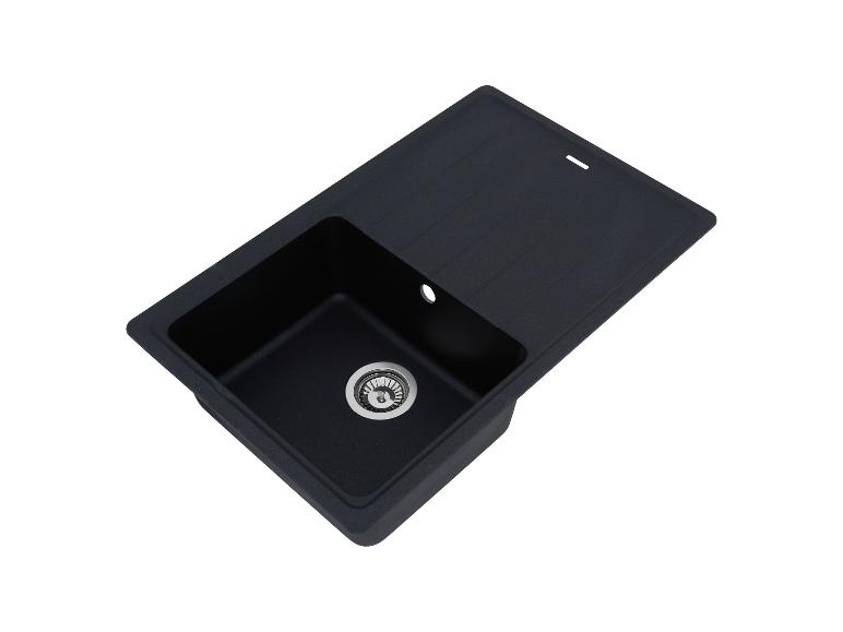 Schwarze Küchenspüle mit einem Becken und Abtropffläche