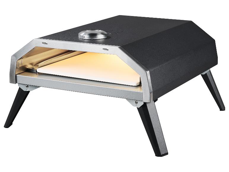 Schwarzer tragbarer Pizzaofen mit silbernen Details und vier Beinen.
