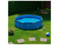 Ein blaues Livarno Home Schwimmbecken mit einer Pumpe im Garten.