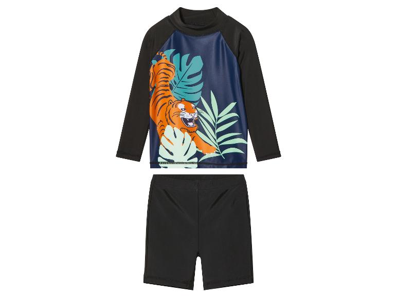 Kinder Badeanzug: Langarm-Shirt mit Tiger- und Blattmotiv, schwarze Badehose.
