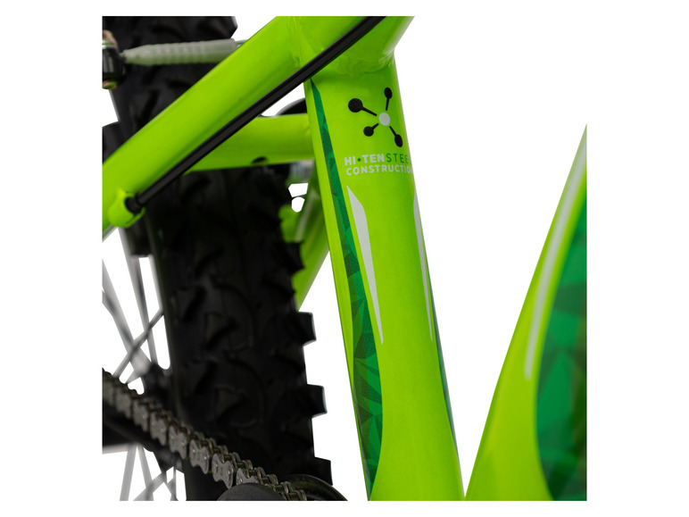 Nahaufnahme eines grünen Fahrrads mit einer schwarzen Kette.