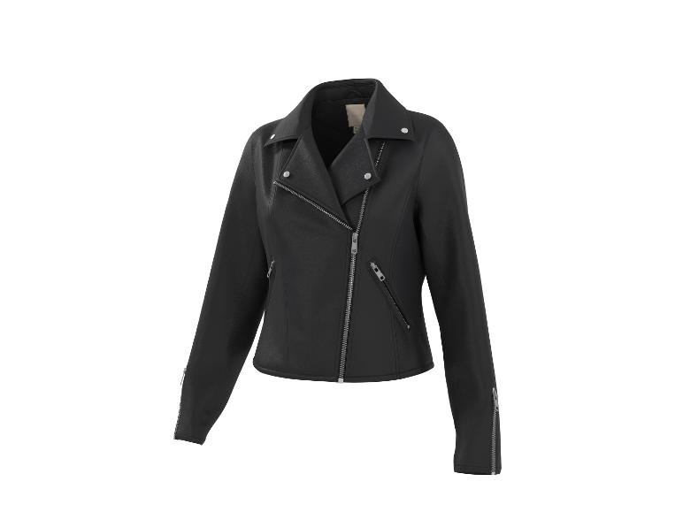 Schwarze Kunstleder-Bikerjacke mit silbernen Reißverschlüssen und Druckknöpfen