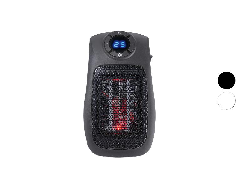 Schwarzer tragbarer Elektroheizer mit Digitalanzeige und rot beleuchtetem Gitter.