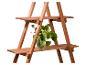 Holzregal mit einer grünen Pflanze in einer Vase.