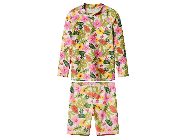 Kinder-Badeanzug-Set mit tropischem Blumenmuster, Langarmshirt und Shorts.