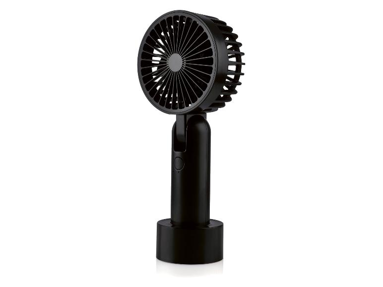 Eleganter schwarzer Handventilator mit Standfuß.