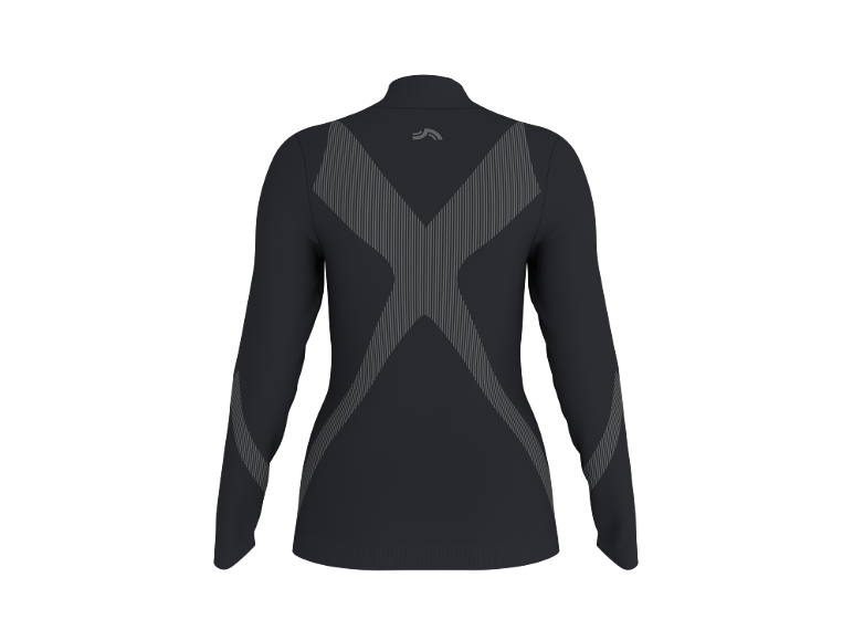 Schwarzes Langarm-Sportoberteil mit X-Muster und grauen Streifen auf dem Rücken.